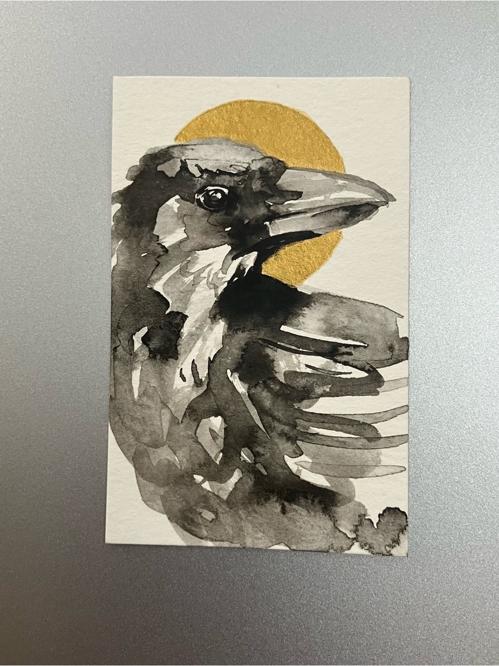 Original raven crow miniature realism painting Sumi-e style art ink collectible